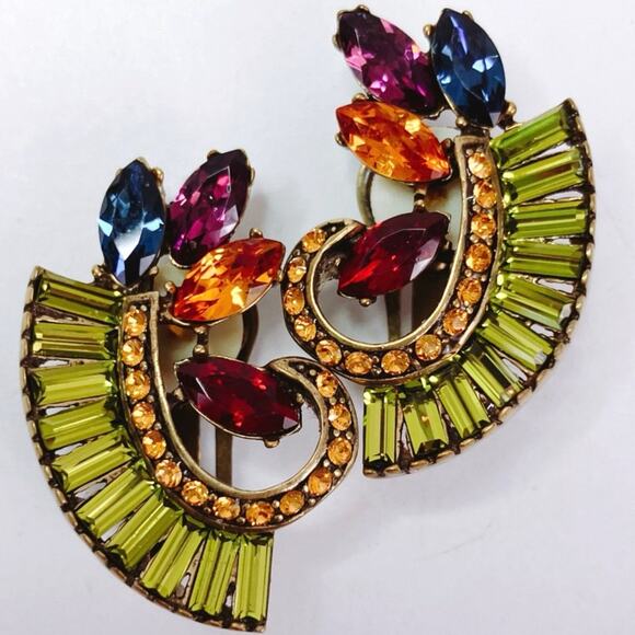Signed Heidi Daus Multicolor Glass Rhinestone Clip On Earrings Colorful Vintage - Picture 5 of 10